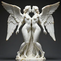 a statue made of white marble with gold veins of two beautiful gorgeous futuristic cybernetic angel girls kissing each other, prostheses, transhumanism, full body shot, perfect symmetrical body, perfect symmetrical face, hyper realistic, hyper detailed, by johannen voss, by peter kemp, by monia merlo, by michelangelo, octane render blender 8 k