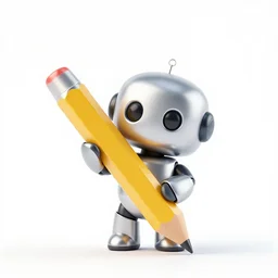 3 d render of a cute silver robot holding a big yellow pencil : : empty white background