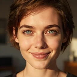 high detail, macro portrait photo, a lovely woman with short brown hair and clear blue eyes and symmetrical well - proportioned facial features, smiles closed - mouth at the camera, dynamic pose, set in a dimly lit apartment at golden hour, shot using a zeiss supreme prime lens