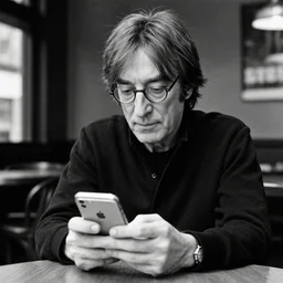 john lennon sitting inside a starbucks using his iphone 1 2, black and white photo, real, photorealistic