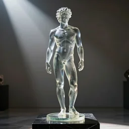 a statue of a beautiful young fit man made of transparent glass, on a black marble pedestal, front view, full figure, smiling face, curly hairs, by philippe starck and victoria hagan, cinematic lighting, sunrays from above, detailed digital photography by rutkovski and beksinski, masterpiece, gorgeous, 4 k