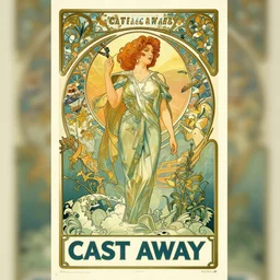 retro movie poster in the style of art nouveau for the movie [ cast away ] by murakami and marc adamus