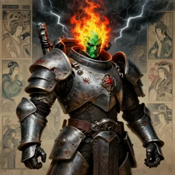 composition portrait of gothic and futuristic, warhammer, cyber rusland style armor, more and more scars, thunderstorm, fire head, green head, yellow and red, highly detailed, artstation, in the style of moebius, jugendstil and classic japanese print, art by jean delville and rene magritte