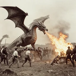 a dragon breathing fire on the Battle of Gettysburg. 1860s photograph.