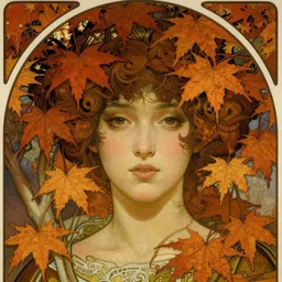 realistic detailed face portrait of a beautiful young queen of Japanese Maple trees by Alphonse Mucha, Ayami Kojima, Greg Hildebrandt, and Mark Brooks, Art Nouveau, Neo-Gothic, gothic, deep rich autumn colors
