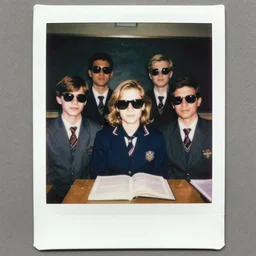 grainy portrait polaroid film photograph of a schoolbook where everyone is wearing sunglasses. super resolution. extremely detailed. polaroid 6 0 0 film. by annie leibovitz and richard avedon