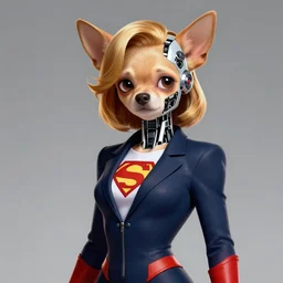 professional portrait photo of a humanoid, with robotic parts on his face, honey color chihuahua dog, digital - art woman with a suit super hero, by rebecca sugar, artstation