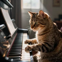 cat [ playing a piano ], [ synthwave art style ]!!, trending on cgsociety