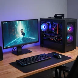 photo of a programmer desk, gaming setup, rgb