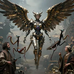 still frame from Prometheus movie by Makoto Aida, flying biomechanical angel gynoid by giger, mimicking devil's dragon flower mantis, metal couture by neri oxmn and Guo pei, editorial by Malczewski and by Caravaggio
