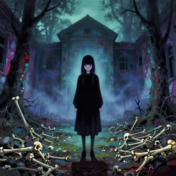 yuki - onna haunting an abandoned asylum by zdislaw beksinski, heavy fog, chromatic vibrant and creepy atmosphere, bones cover the floor, style of yoshitaka amano takato yamamoto vania zouravliov