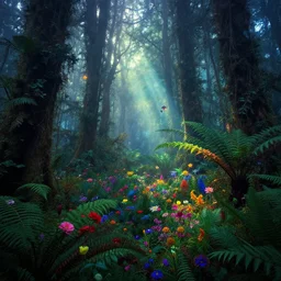 photograph of a dense mystic forest, colored flowers, mystic hues, breathtaking lights shining, psychedelic fern, tyndall effect, lantern fly, dense forest, foggy, 4k, Acid Pixie, by thomas kinkade and lee madgwick