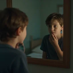 a kid looking in a mirror and seeing his olderself in his reflection, cinematic shot, cinematic lighting, atmospheric, 8k, octane render