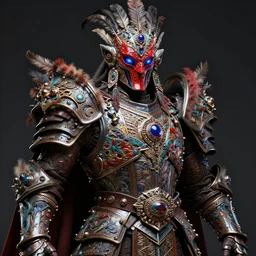 fantasy art hyper ultra 4 k photo of a bizarre metal colorful armor warrior red blue black glowing eyes mask made of ceramic gem and feather trim intricately spectacular magnificently story carved by a master engraver by h. r. giger