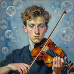 front portrait of a young violinist focusing, painted by vincent lefevre and hernan bas and pat steir and hilma af klint, psychological, symmetrical face, dripping paint, washy brush, background with hundreds of bubbles of memories by andreas gursky, rendered in octane, altermodern, masterpiece