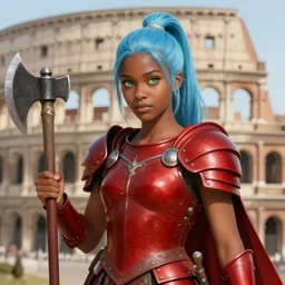 frontview portrait of gladiator warrior lady, young, beautiful, dark skin, light blue hair, ponytail, big open green eyes, cute, red heavy armor, axes, posing, coliseum background, love interest, romantic, highly detailed, smooth, sharp focus, digital painting, by artgerm and greg rutkowski and alphonse mucha