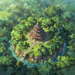 Very small fantasy island with a temple in the middle of a tropical forest, view from above. by Greg Rutkowski, by Jesper Ejsing, by Makoto Shinkai, trending artstation, concept art, highly detailed,8k