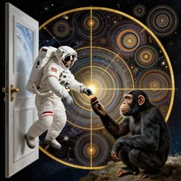 human astronaut and space chimpanzee, opening door that shows space and time, by davinci, circles, golden ratio, spirals, psychedelic, intricate, masterpiece