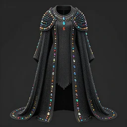 dark chainmail armor cloak dotted with glowing multicoloured gems and iridescent crystals, realistic render artwork, intricate linework, clear focus, ornate, royal assassin, glimmering magical colors, wlop rutkowski, chebokha, shinkai