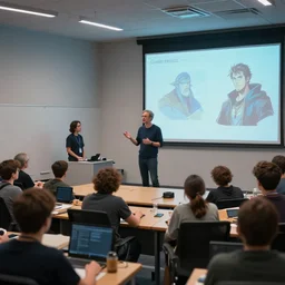 concept art of gabe newell lecturing to a class of game programmers by greg rutzowski and artgerm