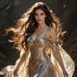 portrait of a female elven wizard in flowing sensual dress, long flowing hair, delicate, looking at camera, slightly smiling, stylish, elegant, extremely detailed painting inspired by Gerald Brom, octane render, epic lighting