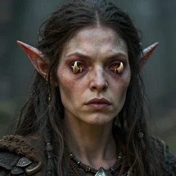 ancient female orc with tusks growing into her eyes