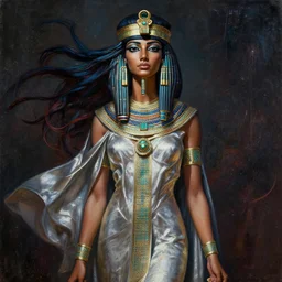 a mixed media painting of a beautiful egyptian priestess, stunning 3 d render inspired art by p. craig russell and barry windsor - smith + perfect facial symmetry + dim volumetric lighting, vibrant dark hair, ornate flowing silvered robes, dizzy, full body, 8 k octane beautifully detailed render, post - processing, extremely hyperdetailed, intricate, epic composition, grim yet sparkling atmosphere, cinematic lighting + masterpiece, trending on artstation, very very detailed