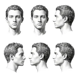 a head viewed from three angles, front facing, 3/4 profile, and side profile view