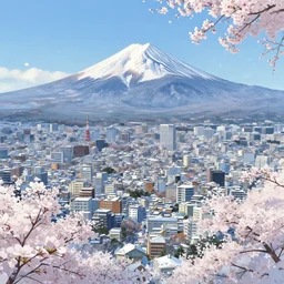 makoto shinkai concept art of tokyo landscape from far away, mountfuji in the background, winter, snow, cherry blossoms in the foreground, key visual, ambient lighting, highly detailed, digital painting, artstation, concept art, sharp focus, by studio ghibli makoto shinkai akihiko yoshida hidari wlop and greg rutkowski