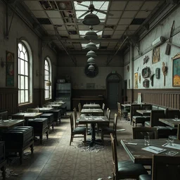 the interior of an abandoned restaurant with furniture and everything in deterioration, style artstation, style greg rutkowsk, comic art book,, octane render, unreal engine 6, epic game graphics, fantasy, post - apocaliptic, ray tracing