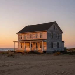 a old house standing at a beach at sunset