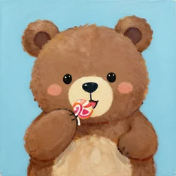 a jeremiah ketner acrylic impasto!! illustration of an adorable and cute bear eating candy