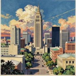 detailed colorful lithograph of downtown Tallahassee in the style of Katsuhiro Otomo