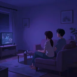 a couple sitting on a sofa watching tv in a living room at night, chillwave wallpaper, featured on artstation, anime, detailed, wallpaper, dark blueish purple theme