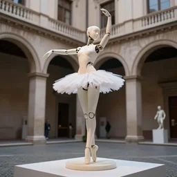 a hajime sorayama sculpture of a svelte robotic ballerina on display in a roman courtyard.