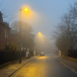 A british school on a foggy morning, yellow street lights in the background