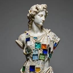 “Apollo statue, glued from color glass cubes, contemporary sculpture, detailed but rough, 4k photo, great light and shadows”
