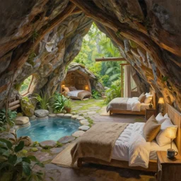 painting of an interior of a cozy bedroom carved in a moutain, small hot spring and lush garden outside, other bedrooms can be seen, natural light, fantasy, natural light, concept art, by greg rutkowski and craig mullins, cozy atmospheric and cinematic lighting, trending on artstation