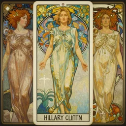 a dramatic ethereal epic symmetrical painting of a handsome hilary clinton | tarot card, art deco, art nouveau, steampunk, homoerotic, realistic | by louis comfort tiffany and alphonse mucha | trending on artstation