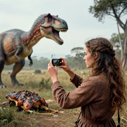 “ a primitive pre-human woman Neanderthal shooting a photo with an iPhone to a roasted dynosaur way, anthropology photography, color kodakcrhome 64,National Geographic ”