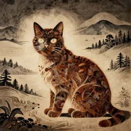cat made of coffee in lithography style of ogata korin