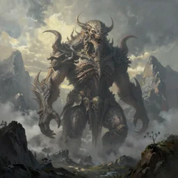 a majestic painting of a lovecraftian monster towering over the surrounding mountains, in the morning light, epic fantasy, scene by greg rutkowski, wlop, artgerm, dramatic lighting, strong shadows, volumetric, cinematic atmosphere, octane render, artstation, 8 k