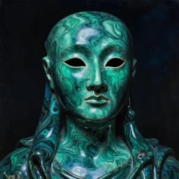 a close - up portrait of a liquid porcelain malachite emerald marble model with a magical mask. night time. deep reflective green blue tones. renaissance masterpiece. highly detailed sci - fi fantasy painting by norman rockwell, frank frazetta, johfra bosschart, and syd mead. rich colors, high contrast, dark background. artstation