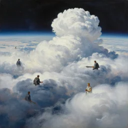 cinematic view of a dreamy cloudscape in space, tim hildebrandt, wayne barlowe, syd mead, john harris, bruce pennington, donato giancola, larry elmore, oil on canvas, artstation, pixiv, cinematic composition, dramatic, beautiful lighting, sharp, details, hd, hdr, 4 k