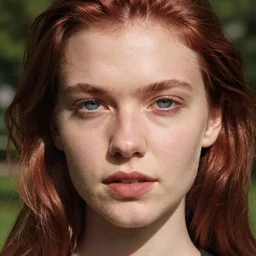 close up portrait photograph of a thin young blond woman with russian descent, sunbathed skin, with deep blue eyes. Wavy long maroon colored hair. she looks directly at the camera. Slightly open mouth, face takes up half of the photo. a park visible in the background. 55mm nikon. Intricate. Very detailed 8k texture. Sharp. Cinematic post-processing. Award winning portrait photography. Sharp eyes.