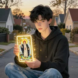 handsome young man with short black hair, light blue eyes, pale skin, detailed neighbourhood background, houses, trees, road, magical atmosphere, tarot card, glowing, golden hour, wearing jeans and a black hoodie, realistic painting by ross tran and gerald brom and alphonse mucha, trending on artstation