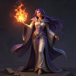 Hearthstone official professional art. A sorceress, wearing a robe casting a fire ball. Insanely coherent physical body parts (face, arms, legs, hair, eyes). Full body realistic, sharp focus, 8k high definition, insanely detailed, intricate, elegant, smooth, sharp focus, illustration, ArtStation