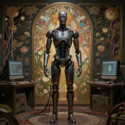 symmetric, dark male android, in a floral room full of neural networks and wires and computers, dark sci - fi, ai, 4 k realistic, art nouveau, alphonse mucha