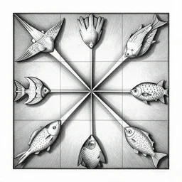“MC Escher tiling of the plane. Birds and Fishes. Lithograph”