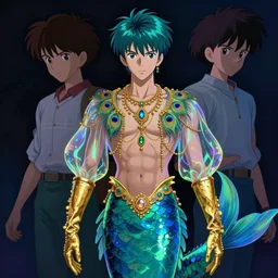 professionally painted realistic blacklight colorful anime celestial merman with a fish body, wearing an elegant peacock shirt top with transparent bubble sleeves, golden gloves, and golden jewelry and gems everywhere, art by yuji ikehata and satoshi kon, background art by miyazaki, proper human proportions